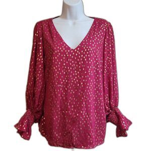 1.State Fuschia Gold Dot Puff Long Sleeve with Cuff Blouse, Polyester, Small